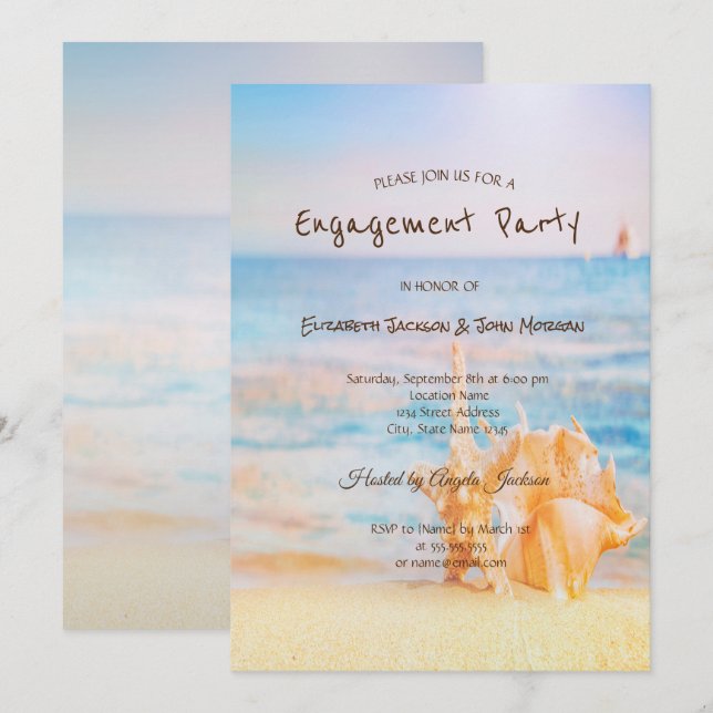  Beach,Seastar,Seashell Engagement Invitation (Front/Back)