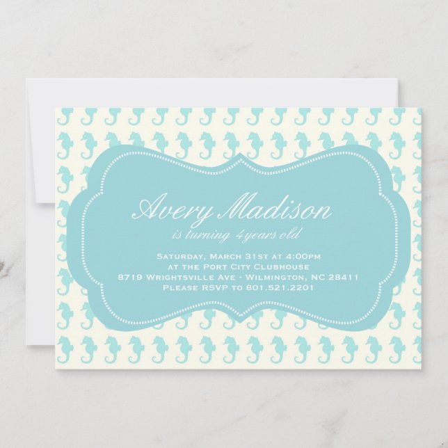 Beach Shabby Chic Seahorse Invitation party blue (Front)