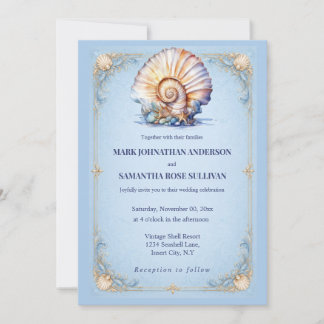 Beach shell blue ivory wedding elegant nautical invitation