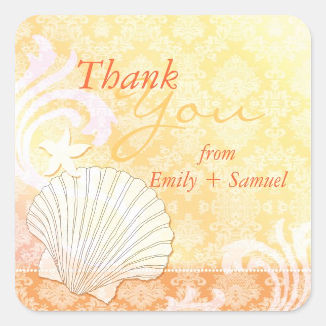 Beach Shell Coastal Wedding Thank You Square Sticker (Front)
