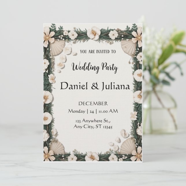 Beach Shell & Floral Frame Engagement Invitation (Debout devant)