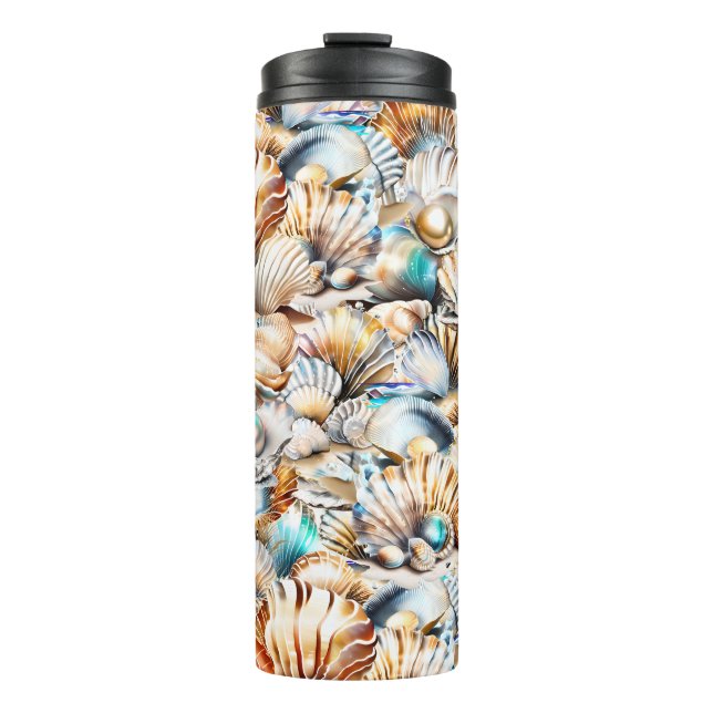 Beach shell iridescent seashell collage pattern  thermal tumbler (Front)