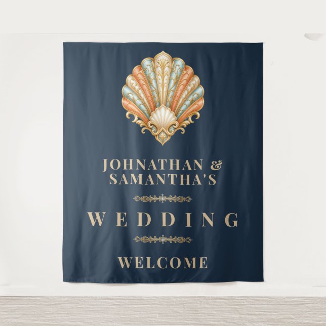 Beach Shell Wedding Photo backdrop Tapestry (Front)