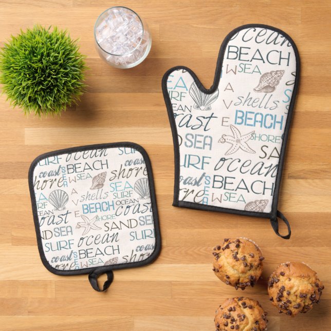 Beach Shells Sea Sand Blue Oven Mitt & Pot Holder Set (Top Down)