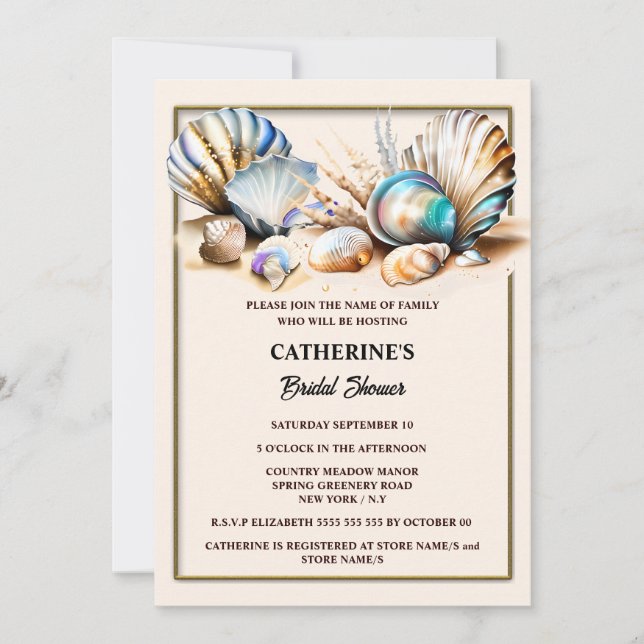 Beach shells tropical seashells iridescent shimmer invitation (Front)