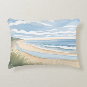 Beach Shore Walk Coastal Ocean Watercolor Accent Pillow