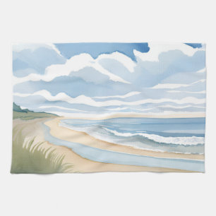 Beach Shore Walk   Coastal Ocean Watercolor Kitchen Towel