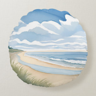 Beach Shore Walk   Coastal Ocean Watercolor Round Pillow