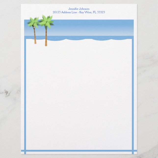 Beach Shoreline with Palm Trees Blue Ocean Custom Letterhead (Front)