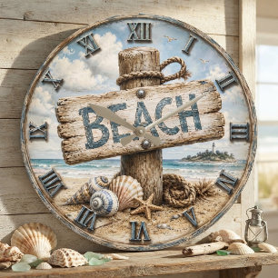 Beach Sign Coastal Beach House Nautical Large Clock