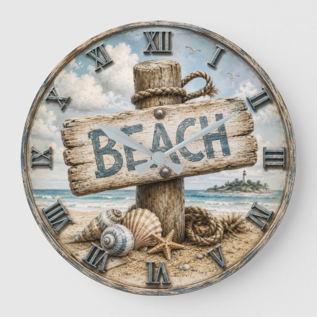 Beach Sign Coastal Beach House Nautical Large Clock (Front)