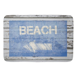 Beach Sign on Weathered White Wood Bath Mat