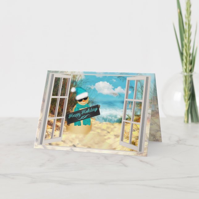 Beach Snowman | Christmas Tropical Beach Window Holiday Card (Front)