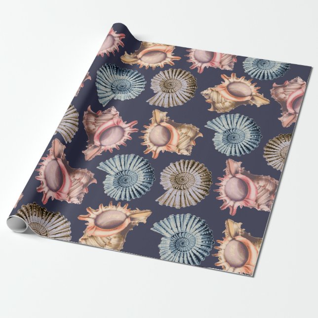 Beach Spiral Seashells & Conch Shells Coastal Wrapping Paper (Unrolled)