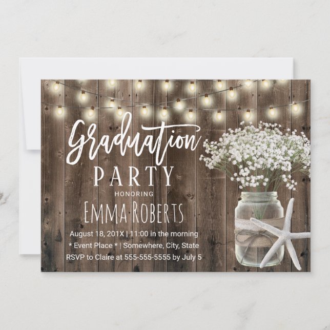 Beach Starfish Baby's Breath Floral Jar Graduation Invitation (Front)