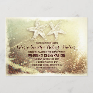 Beach starfish couple and sea wave beach wedding invitation