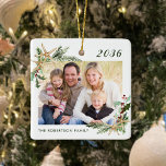 Beach Starfish Family Photo Christmas White Ceramic Ornament<br><div class="desc">This beach inspired Christmas ornament with classic white background makes a great annual holiday keepsake, easily customized for a unique gift with the photo and text templates. Holiday watercolor sprigs of holly, pine, and starfish in two corners frame the photo on both sides. Please contact me through Zazzle Chat if...</div>