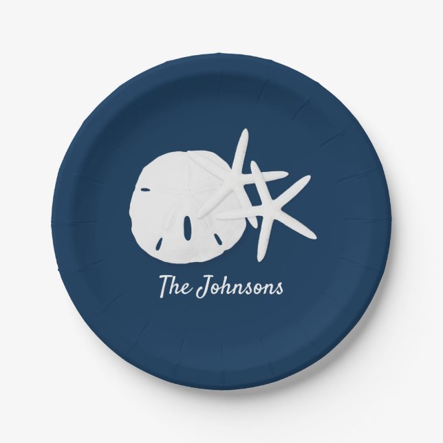 Beach Starfish Sand Dollar Blue Personalized Paper Plate (Front)