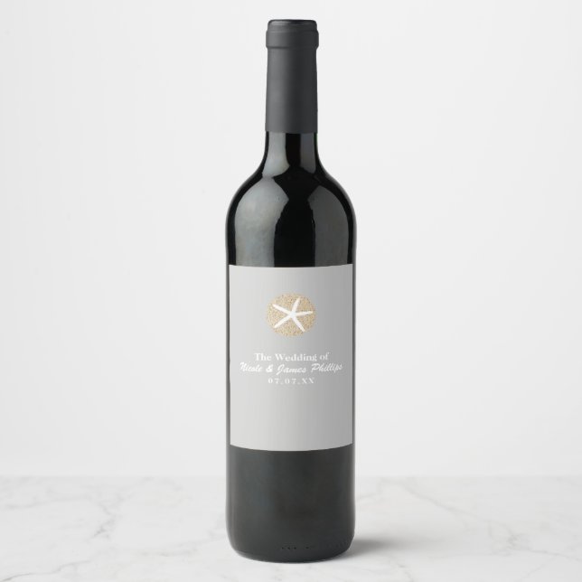 Beach Starfish Sand Dollar Wedding Wine Labels (Front)