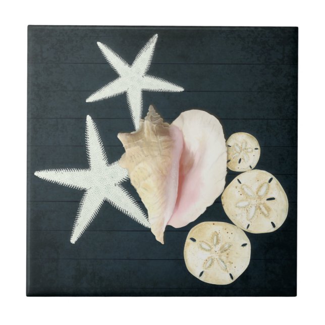 Beach Starfish Sanddollar Conch Shells Navy Wood Tile (Front)