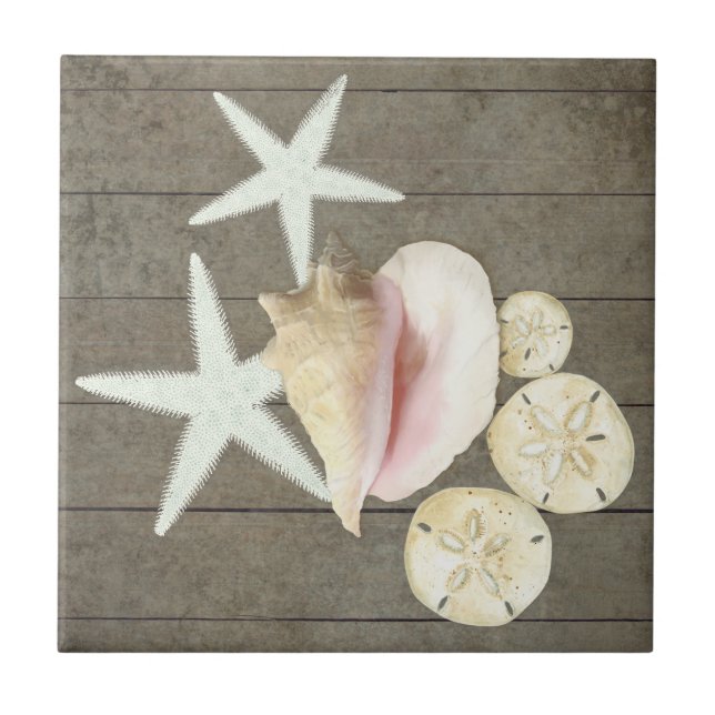 Beach Starfish Sanddollar Conch Shells Rustic Wood Tile (Front)