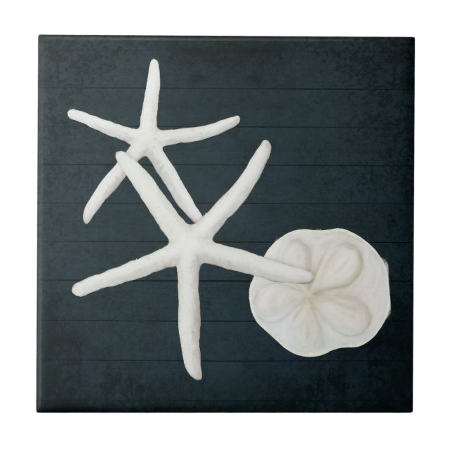 Beach Starfish Sanddollar Shells Navy Blue Wood Tile (Front)