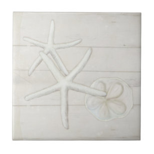 Beach Starfish Sanddollar Shells White Washed Wood Tile