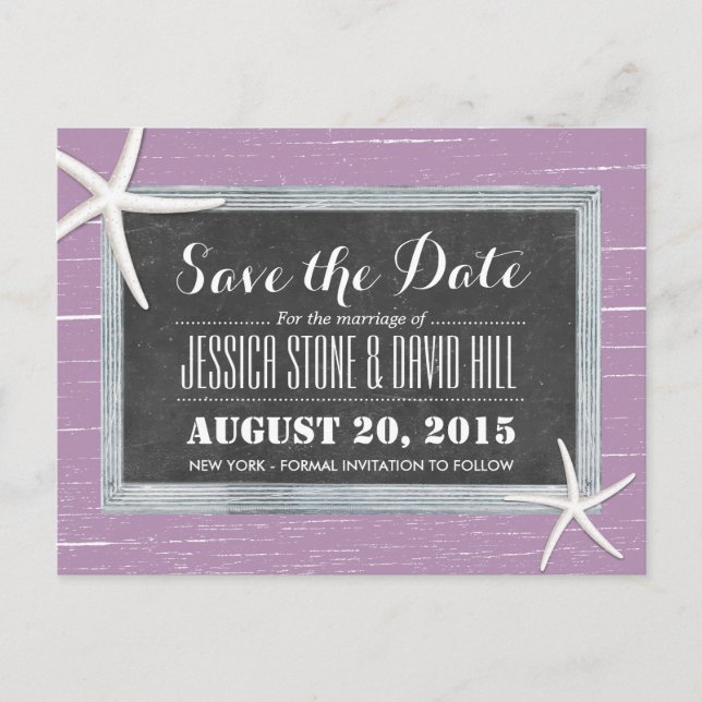Beach Starfish Violet Weathered Wood Save the Date Announcement Postcard (Front)
