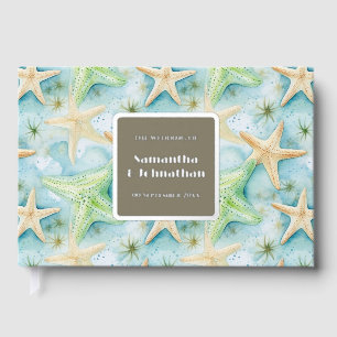 Beach starfish watercolor coastal pattern guest book
