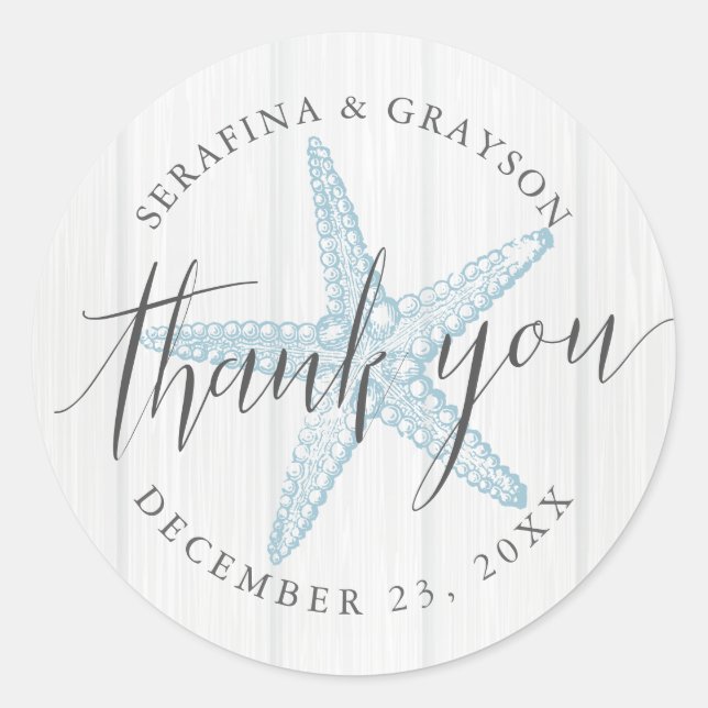 Beach Starfish Wedding Favour Thank You Rustic  Classic Round Sticker (Front)