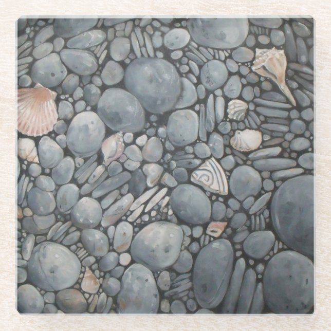 Beach Stones Shells Pebbles Rocks Painting Art Glass Coaster (Front)