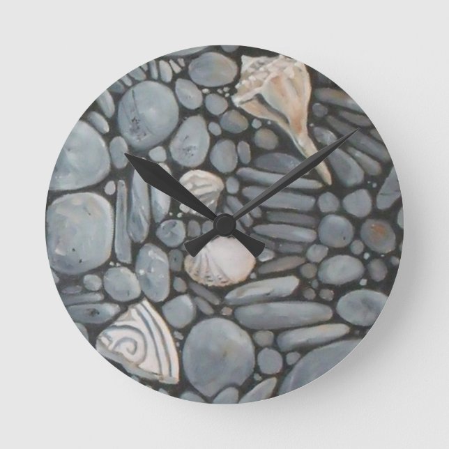 Beach Stones Shells Pebbles Rocks Painting Art Round Clock (Front)