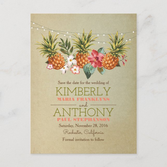 beach string lights pineapple save the date announcement postcard (Front)