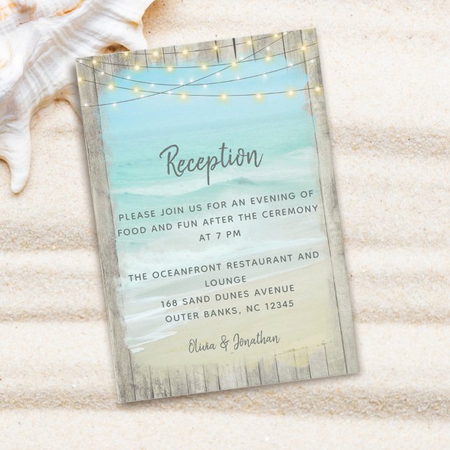 Beach String Lights Rustic Wood Wedding Reception Enclosure Card (Creator Uploaded)