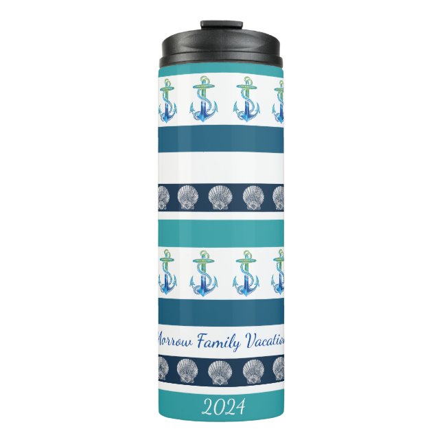 Beach Striped Blue White Family Thermal Tumbler (Front)