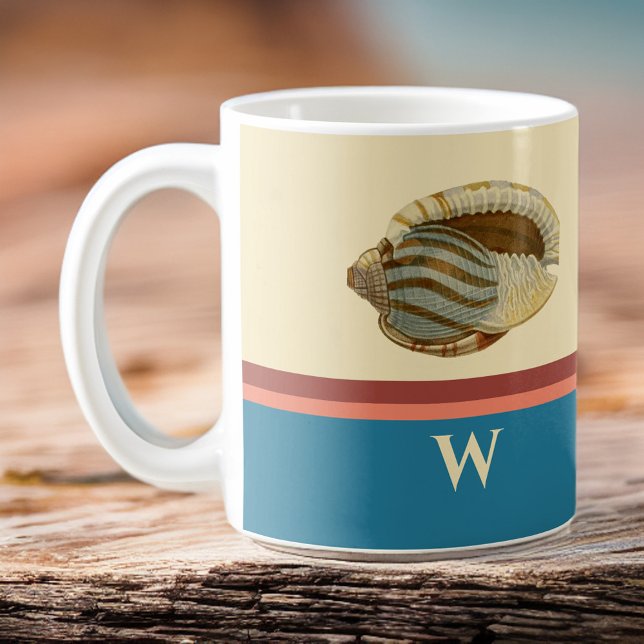 Beach Striped Retro Shell with Monogram Initial Coffee Mug (Creator Uploaded)