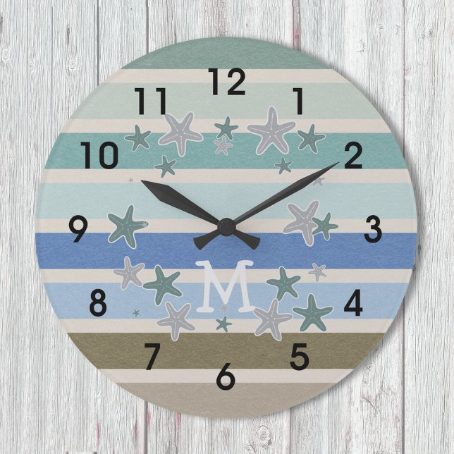 Beach Stripes and Starfish Large Clock (Creator Uploaded)
