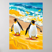 Beach Strolling Penguins – Vibrant Ocean Art