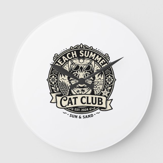 Beach Summer Cat Funny Cat Graphic - Beach Summer  Large Clock (Front)