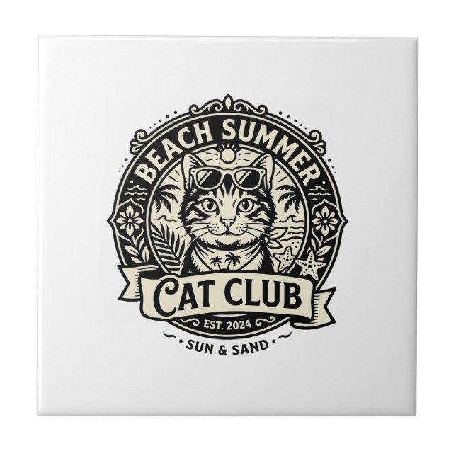 Beach Summer Cat Funny Cat Graphic - Beach Summer  Tile (Front)