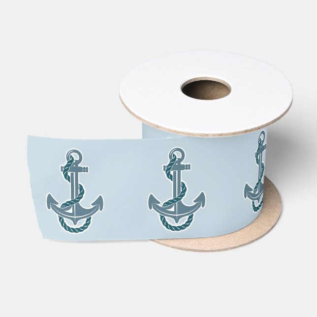 Beach Summer Coastal Blue Ship Anchor Nautical Satin Ribbon (Spool)