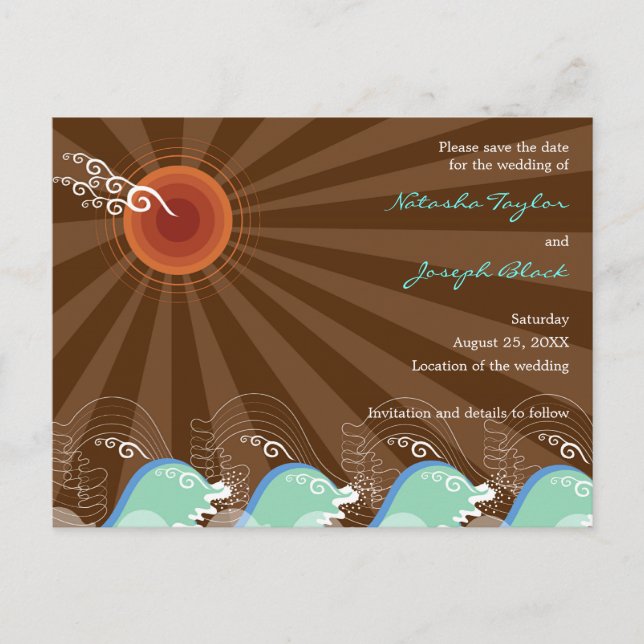 Beach Summer Cool Blue Waves Sunset Save The Date Announcement Postcard (Front)