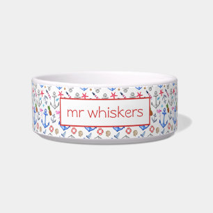 Beach Summer Nautical Pattern Custom Name Dog Bowl