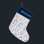 Beach Summer Pattern Custom Name Small Christmas Stocking<br><div class="desc">This fun,  beach themed stocking adds a touch of the ocean to your holiday decor. Personalize with your name. Design features many beach elements including anchors,  flamingos,  starfish,  pineapples,  lighthouses,  and more.</div>
