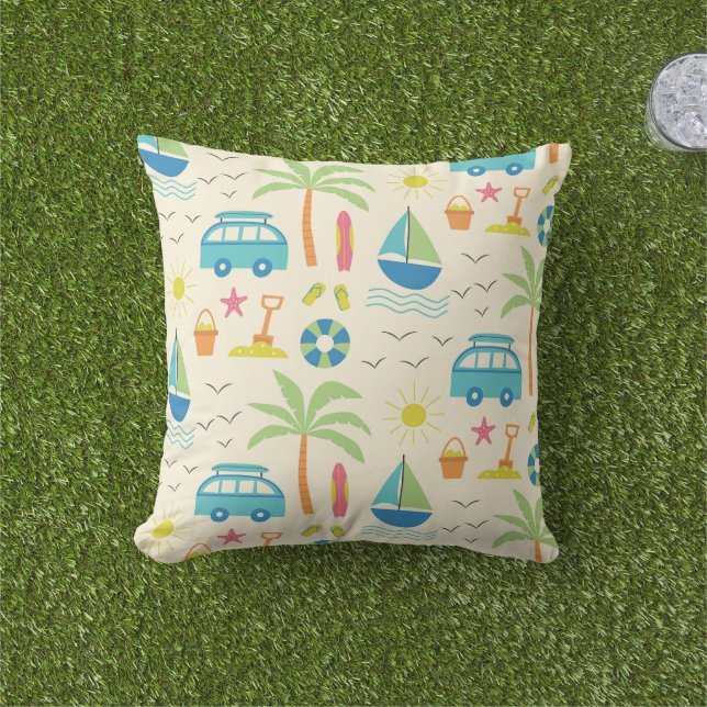Beach Summer Pattern with Palm tree and boats  Outdoor Pillow (Grass)