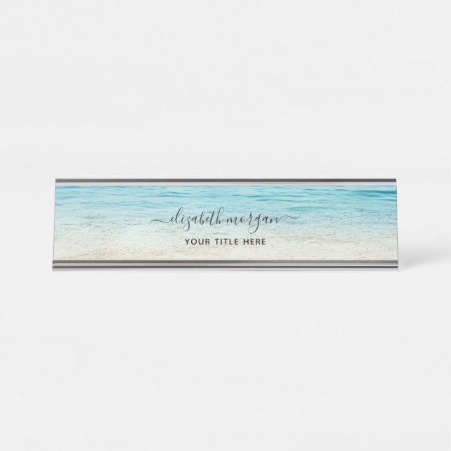 Beach Summer Personalized Aqua Blue Ocean Elegant Desk Name Plate (Front)