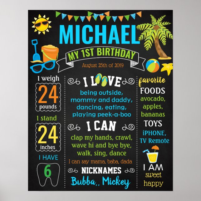 Beach Summer Pool Birthday Party chalkboard Poster (Front)
