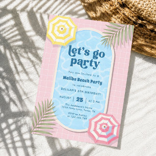 Beach Summer Pool Party Pink Birthday Invitation