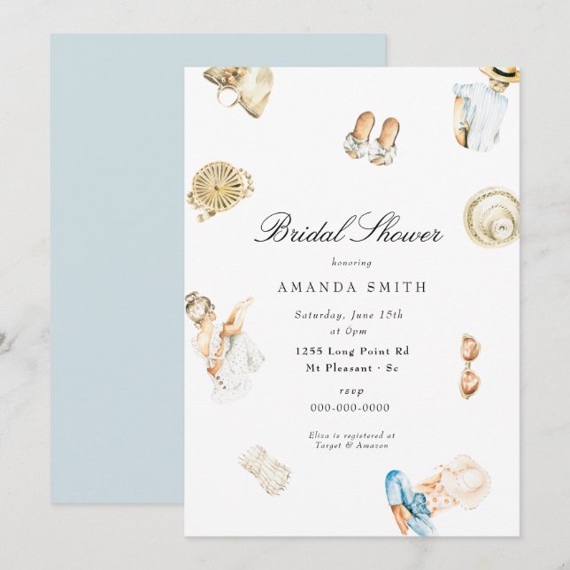 Beach Summer Seashore Watercolor Bridal Shower Invitation (Front/Back)