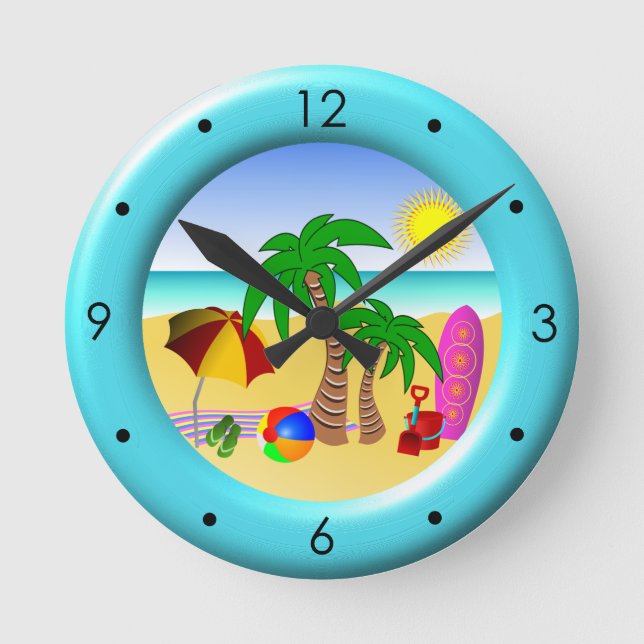 Beach Sun Sea and Surf Fun Medium Blue Round Clock (Front)